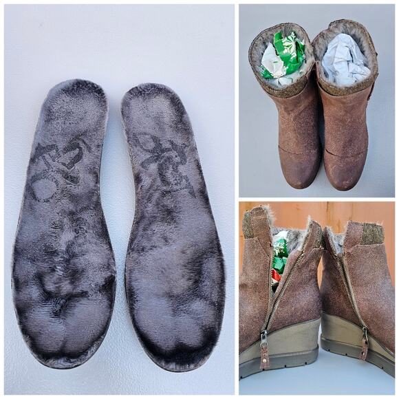 Brown Wedge Boots OTBT Descend Size 10 Distressed Leather Zip Buckle Fuzzy Lined - Picture 11 of 14